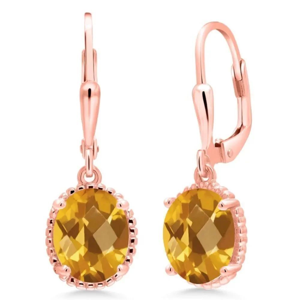18K Rose Gold 925 with 3.30 Cttw Madeira Citrine Oval Leverback Hook Earrings